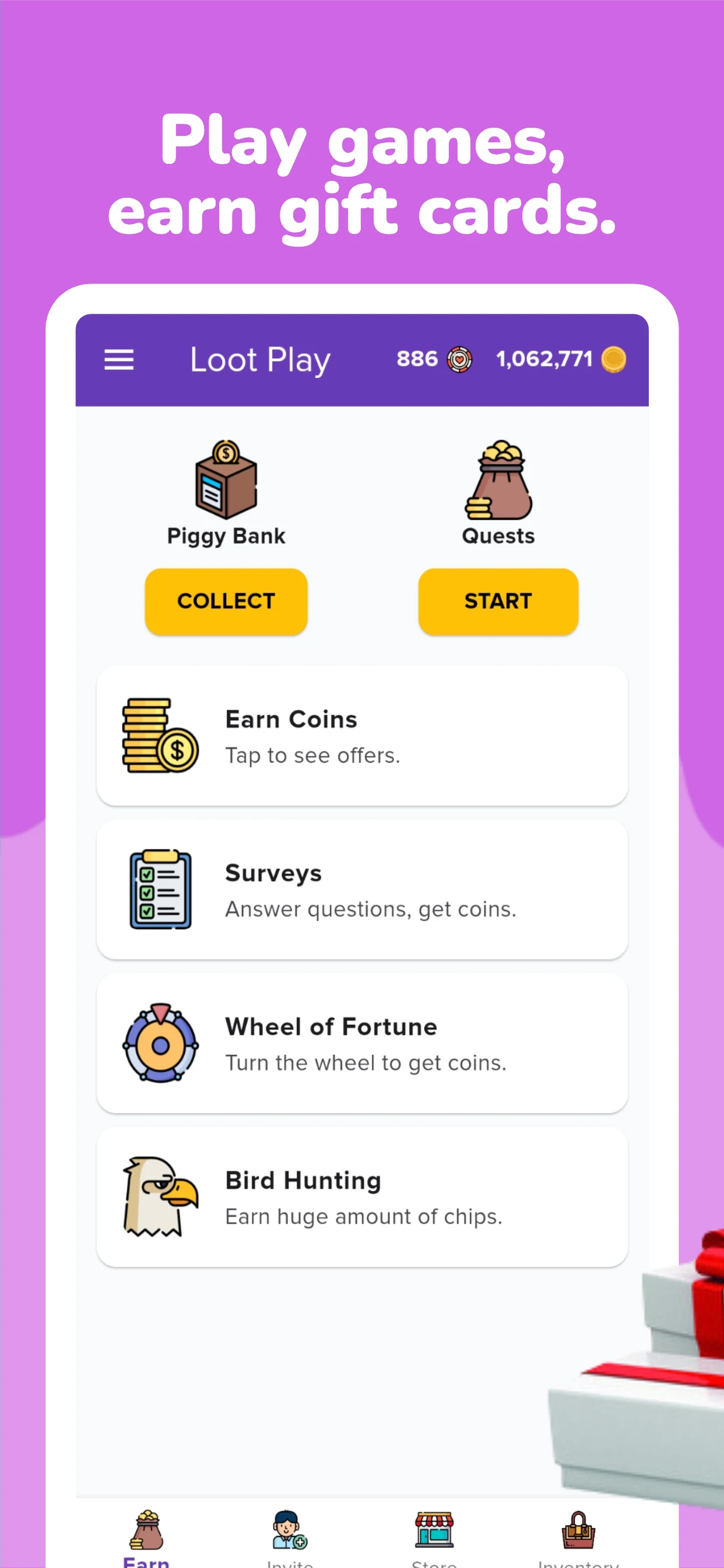 The Loot Play home screen, showing Piggy Bank, Quests, Surveys, Wheel of Fortune and Bird Hunting.